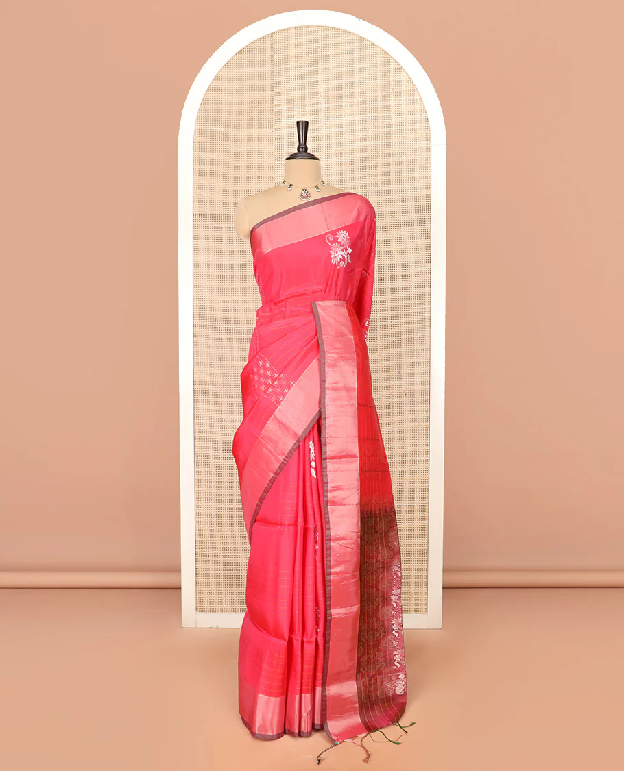 Pink Semi Uppada Saree Accentuated with Floral Buttas, Complemented by a Bavanji Border, Pallu Steeped in Floral Bouquet and Paisley Designs, and Paired with a Contrast Blouse - Image 3