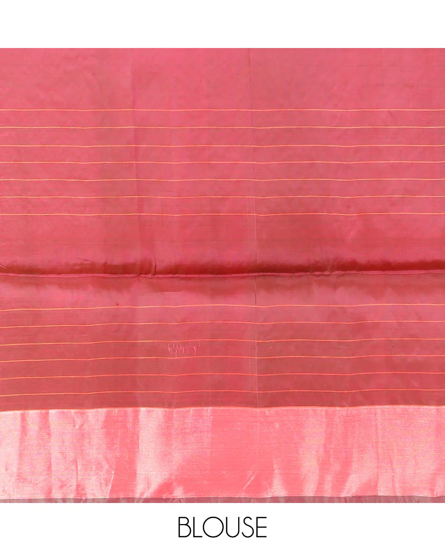 Pink Semi Uppada Saree Accentuated with Floral Buttas, Complemented by a Bavanji Border, Pallu Steeped in Floral Bouquet and Paisley Designs, and Paired with a Contrast Blouse - Image 4