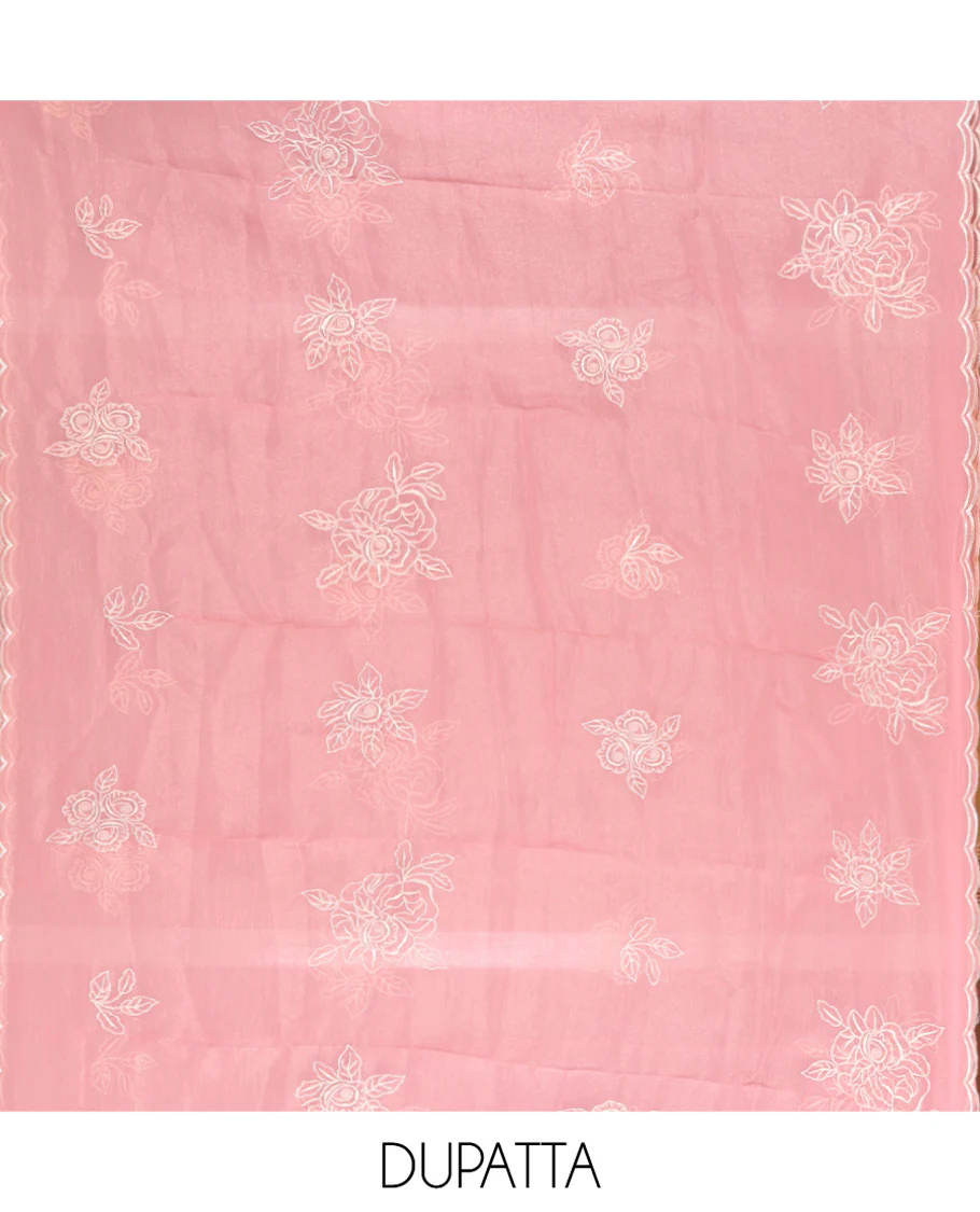 Pink Shimmer Georgette Material Chudidar Set, Artfully Detailed with Floral Thread Embroidery on Its Top, a Plain Santoon Bottom, and Comes with a Floral Embroidered Shimmer Georgette Dupatta - Image 2