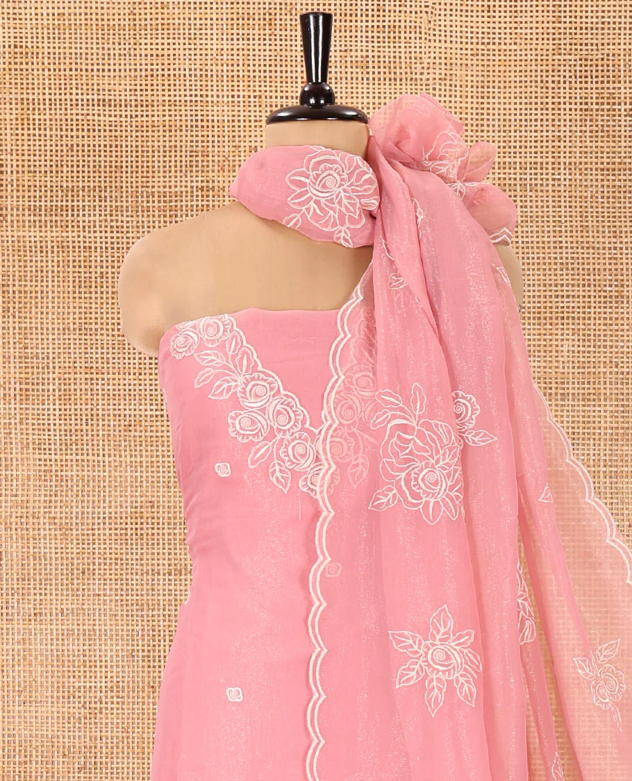 Pink Shimmer Georgette Material Chudidar Set, Artfully Detailed with Floral Thread Embroidery on Its Top, a Plain Santoon Bottom, and Comes with a Floral Embroidered Shimmer Georgette Dupatta - Image 3