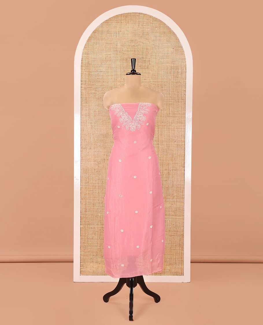 Pink Shimmer Georgette Material Chudidar Set, Artfully Detailed with Floral Thread Embroidery on Its Top, a Plain Santoon Bottom, and Comes with a Floral Embroidered Shimmer Georgette Dupatta - Image 4