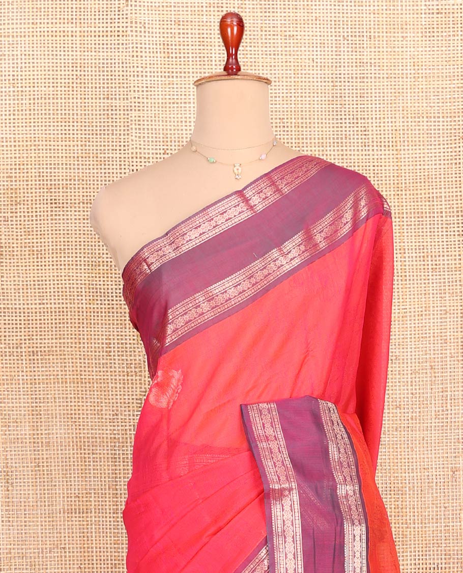 Pink Silk Cotton Saree, Decked Up with Zari Buttas All Over Its Body, Complemented by a Contrast Traditional Zari Design Rettai Pettu Border, Pallu of Intricate Designs, and Paired with a Contrast Blouse - Image 2