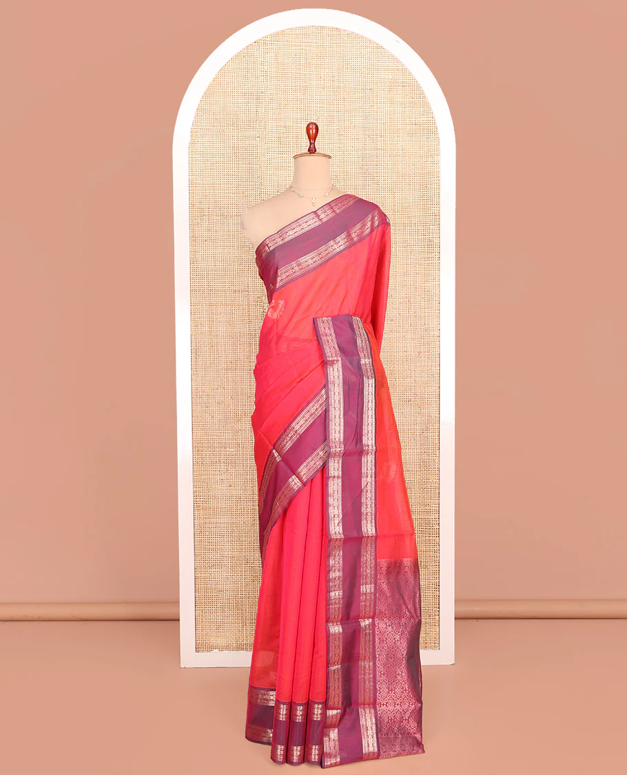 Pink Silk Cotton Saree, Decked Up with Zari Buttas All Over Its Body, Complemented by a Contrast Traditional Zari Design Rettai Pettu Border, Pallu of Intricate Designs, and Paired with a Contrast Blouse - Image 3