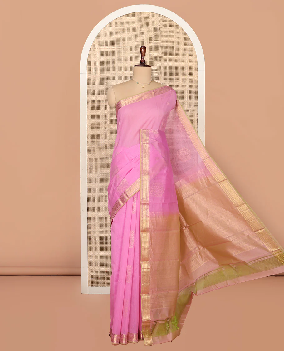 Pink Silk Cotton Saree, Sparsely Woven with Geometric Buttas All Over Its Body, Highlighted by Traditional Zari Designs Woven Border, Intricately Designed Pallu and Paired with a Matching Blouse