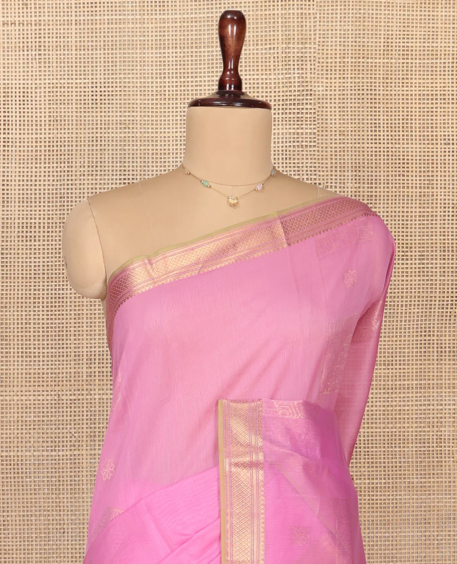 Pink Silk Cotton Saree, Sparsely Woven with Geometric Buttas All Over Its Body, Highlighted by Traditional Zari Designs Woven Border, Intricately Designed Pallu and Paired with a Matching Blouse - Image 2