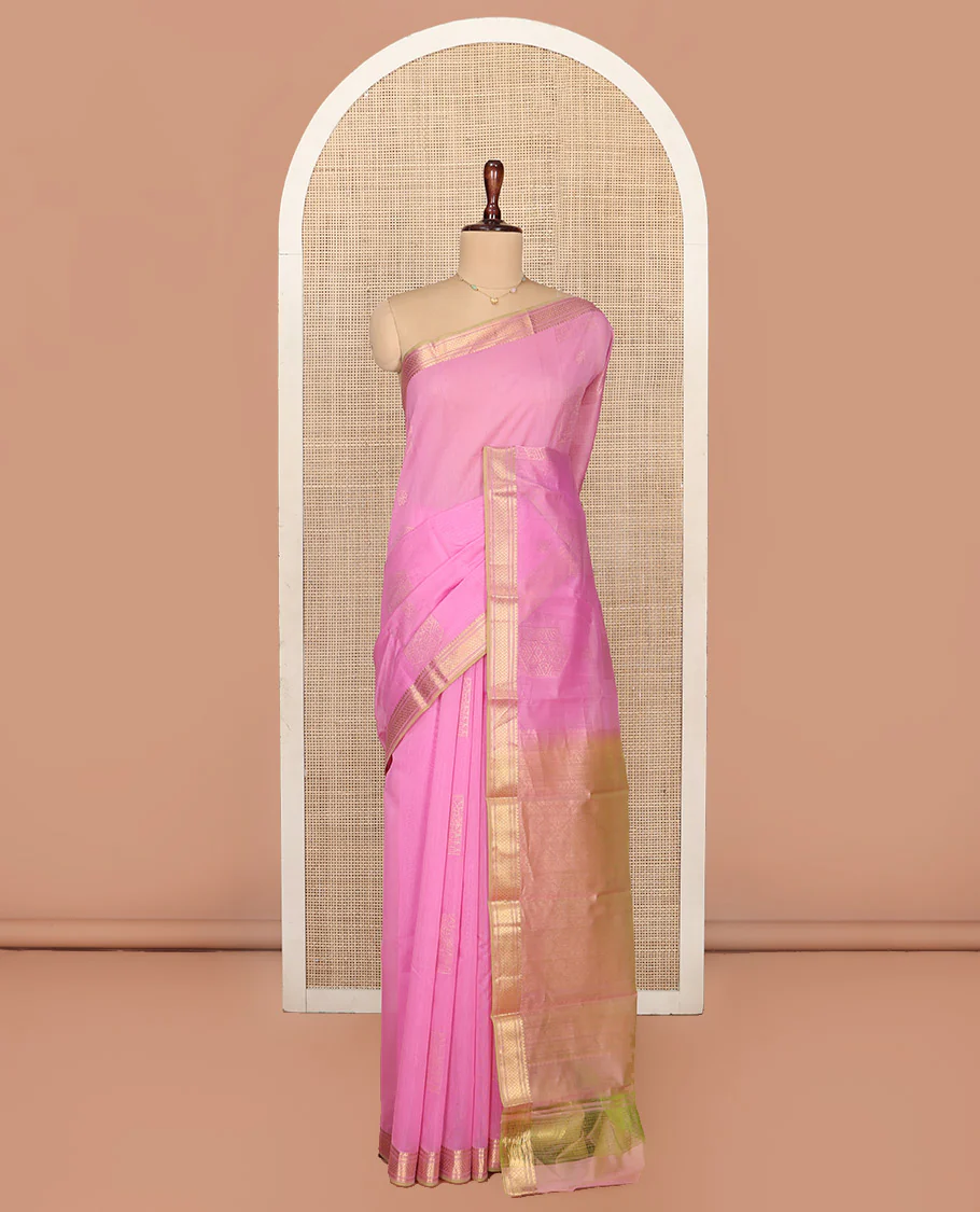 Pink Silk Cotton Saree, Sparsely Woven with Geometric Buttas All Over Its Body, Highlighted by Traditional Zari Designs Woven Border, Intricately Designed Pallu and Paired with a Matching Blouse - Image 3