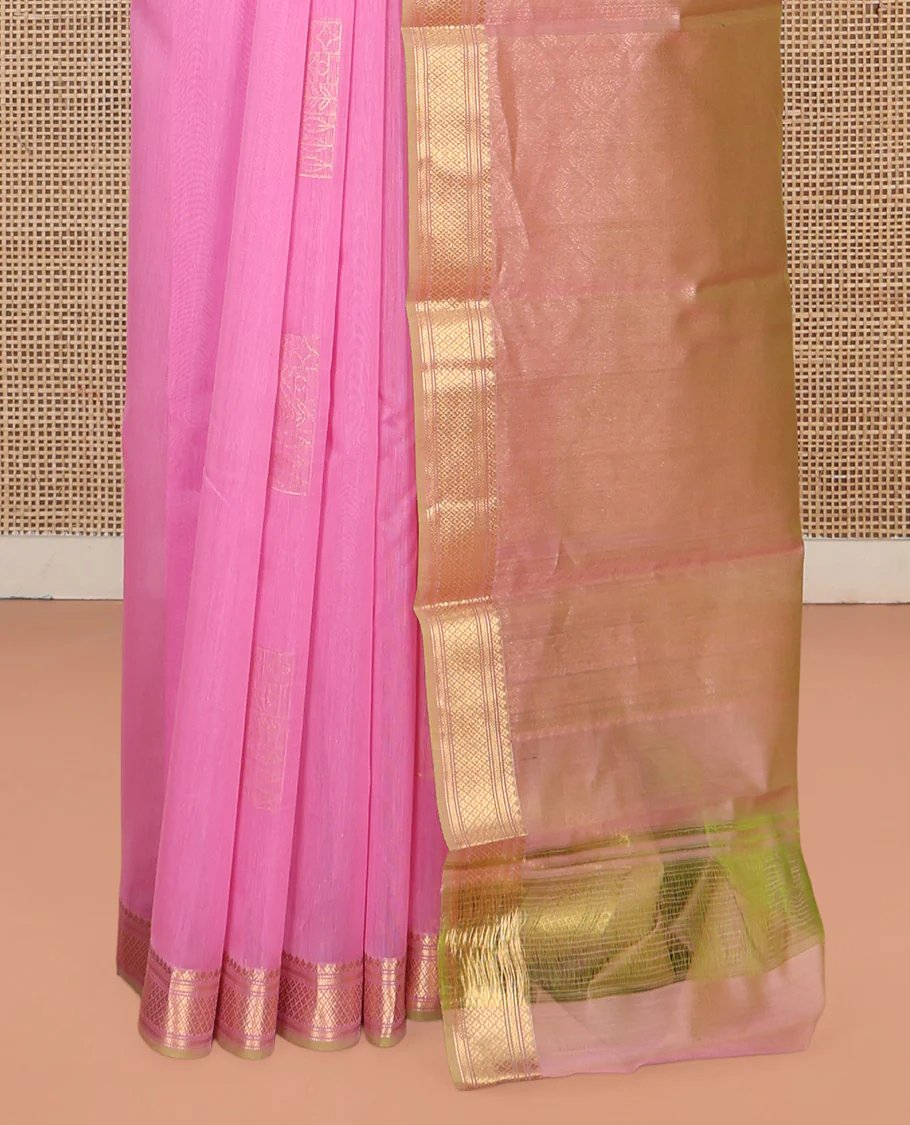 Pink Silk Cotton Saree, Sparsely Woven with Geometric Buttas All Over Its Body, Highlighted by Traditional Zari Designs Woven Border, Intricately Designed Pallu and Paired with a Matching Blouse - Image 4