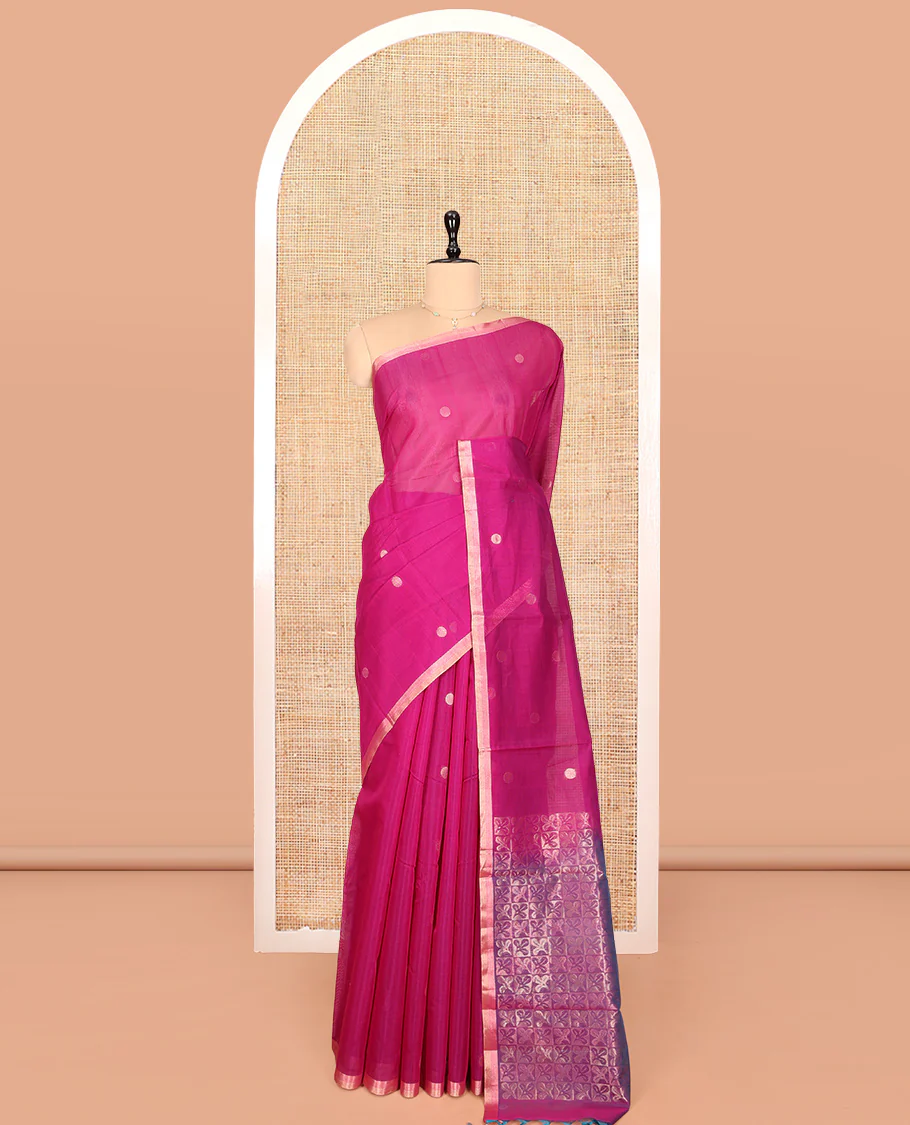 Pink Silk Cotton Saree, Woven with Polka-Dot Buttas, Highlighted by Zari Piping Border, Intricately Zari Woven Pallu, and a Matching Blouse - Image 3