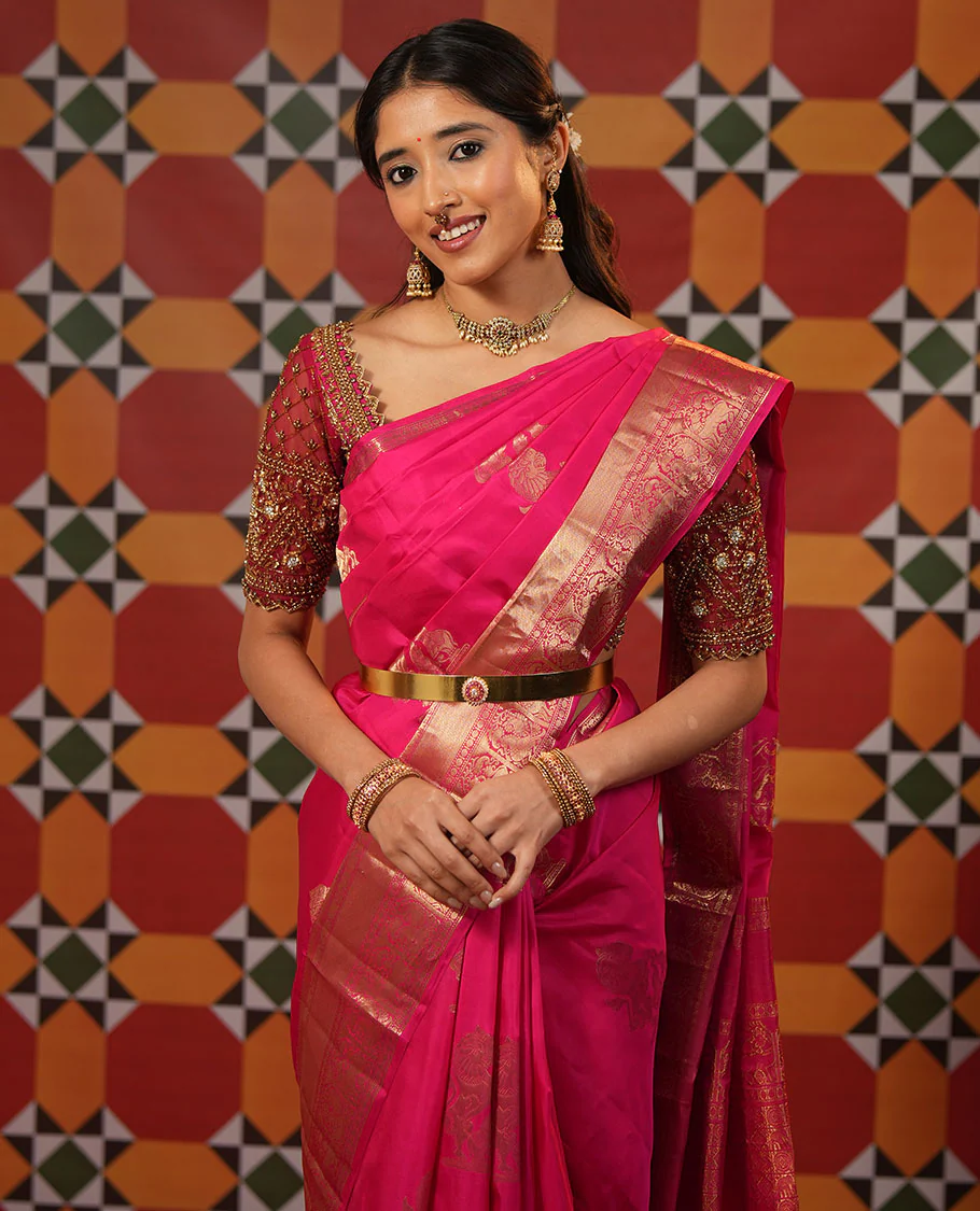 Pink singam and yaanai zari buttas woven Vasundhara silk saree, zari border of mayil kann, rudraksham, muthu, mayil, and yaali designs, and intricate pallu - Image 4