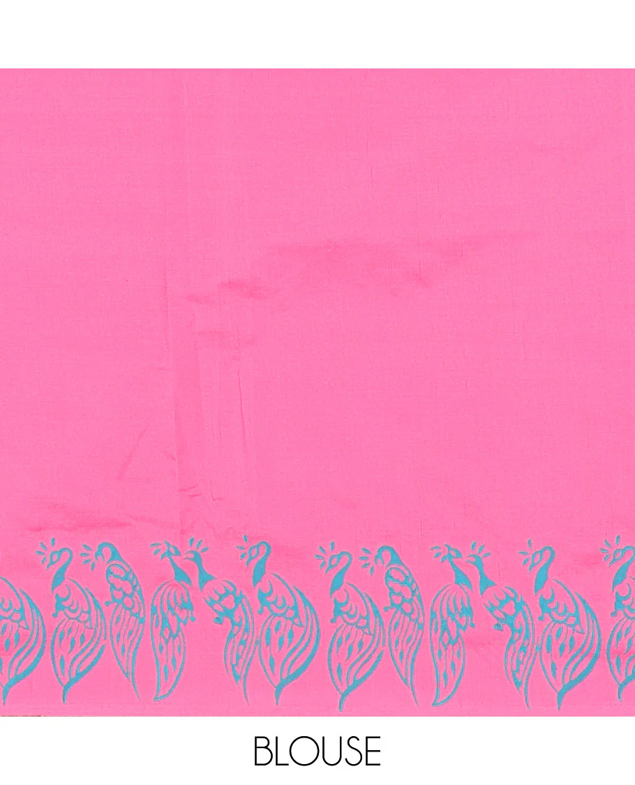 Pink South Cotton Saree Subtly Block Printed with Peacock Motifs, Complemented with a Self-Border of Bold Peacock Motifs Block Print, and a Contrast Paisley-Floral Block Printed Blouse - Image 4