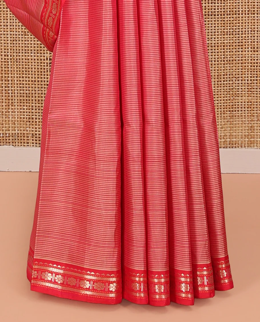 Pink Striped Kanchipuram Silk Saree, Complemented by a Contrast Border of Rekku, Vanki, and Kamalam Designs, Zari Muthu Striped Pallu, and Paired with a Contrast Blouse - Image 4