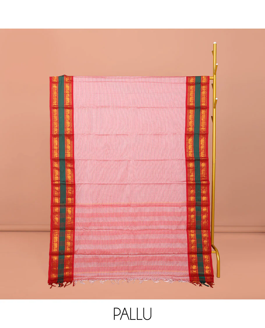 Pink Striped Narayanpet Cotton Saree, Complemented by a Contrast Traditional Design Rettai Pettu Border, Striped Pallu, and Comes Without a Blouse - Image 2