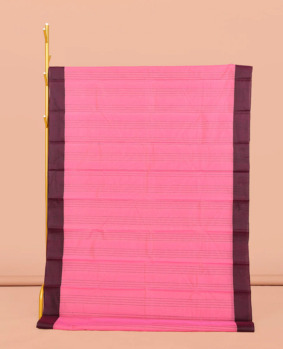 Pink Striped Semi-Silk Cotton Saree, Complemented by a Contrast Border, Pallu Steeped with Stripes, and Paired with a Matching Blouse