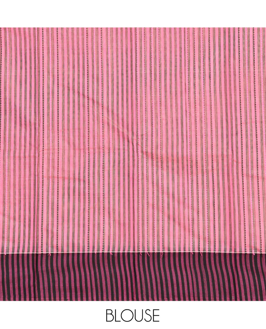 Pink Striped Semi-Silk Cotton Saree, Complemented by a Contrast Border, Pallu Steeped with Stripes, and Paired with a Matching Blouse - Image 3