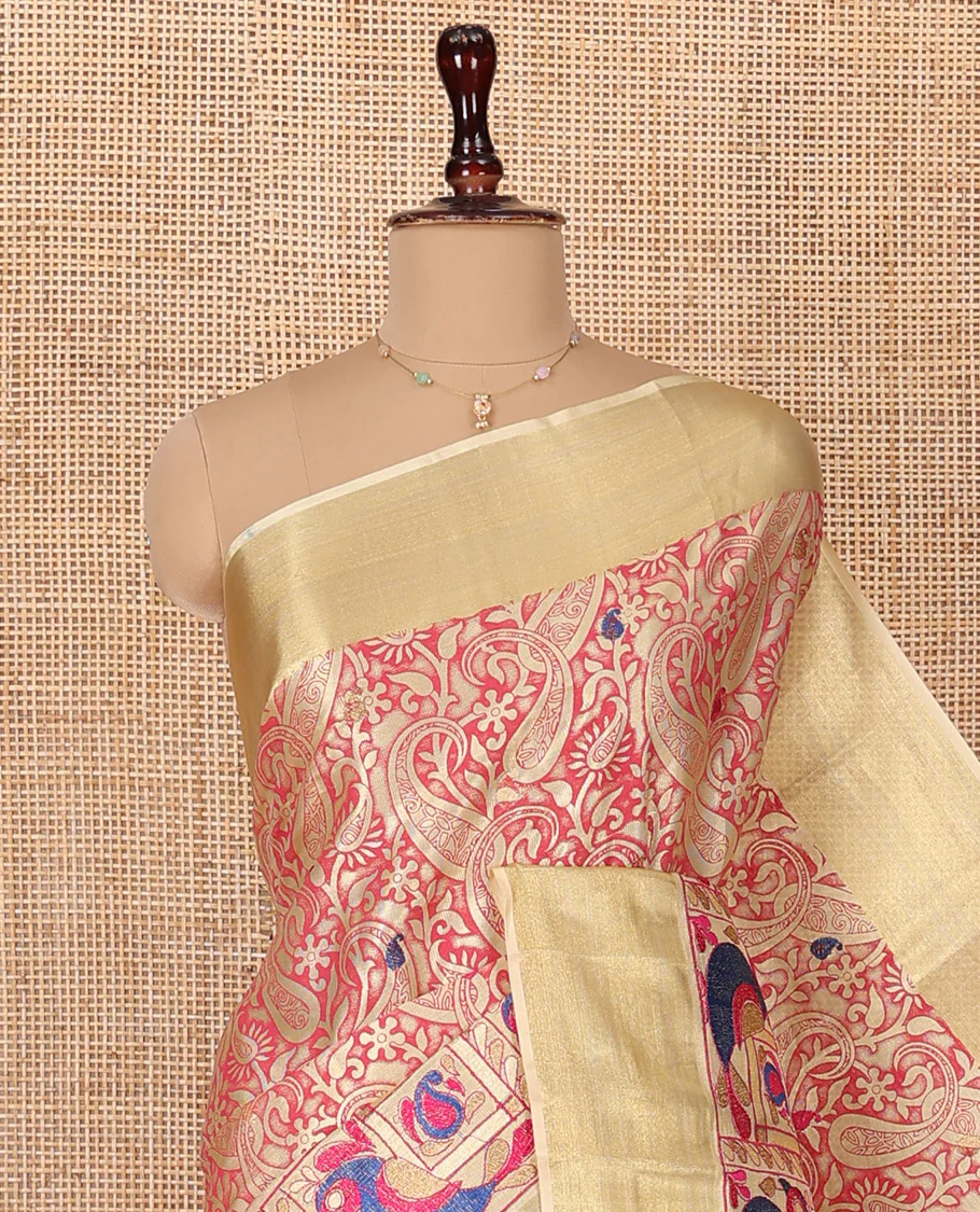 Pink Tissue Cotton Saree, Accentuated with Paisley Print and Paisley-Bird Motifs Embroidery on Its Body, Subtle Bavanji Border, Pallu Mirrors the Same Print, and Paired with a Matching Blouse - Image 2