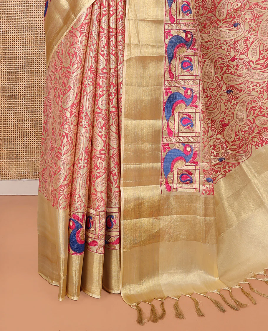 Pink Tissue Cotton Saree, Accentuated with Paisley Print and Paisley-Bird Motifs Embroidery on Its Body, Subtle Bavanji Border, Pallu Mirrors the Same Print, and Paired with a Matching Blouse - Image 3