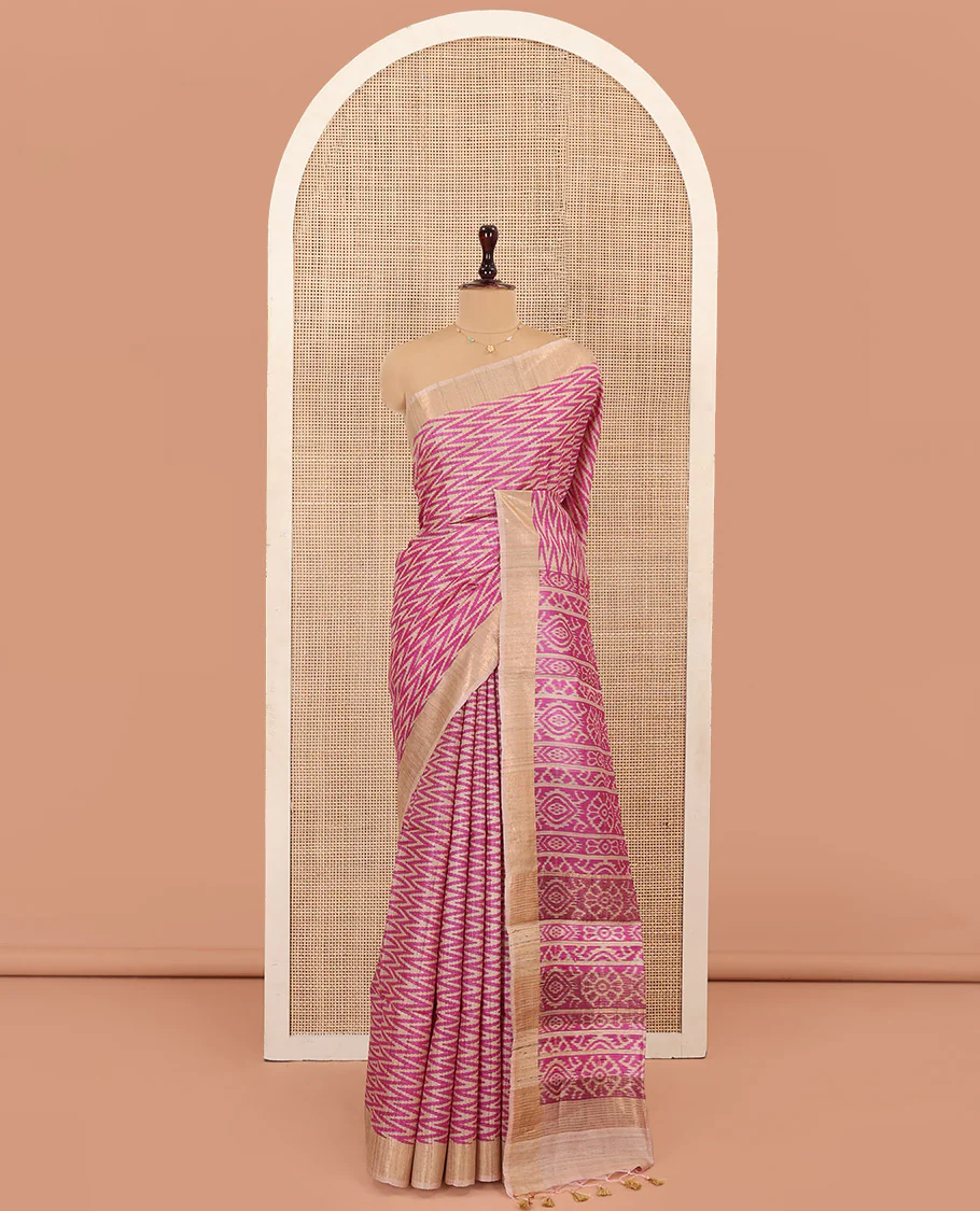 Pink Tussar Silk Saree Enthralled with Ikkat-Style Chevron Stripes Printed All Over Its Body, Complemented by Contrast Border, Pallu Printed with Ikkat Designs, and Paired with a Contrast Blouse - Image 3