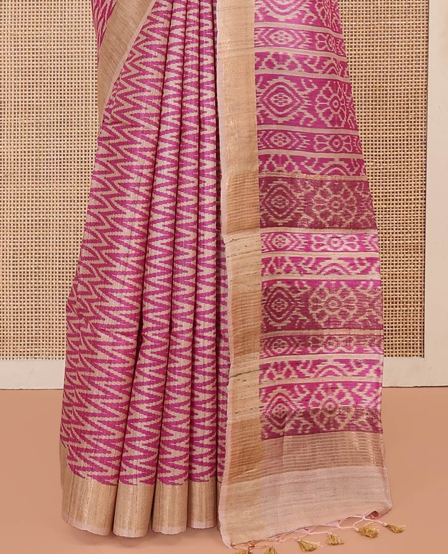 Pink Tussar Silk Saree Enthralled with Ikkat-Style Chevron Stripes Printed All Over Its Body, Complemented by Contrast Border, Pallu Printed with Ikkat Designs, and Paired with a Contrast Blouse - Image 4