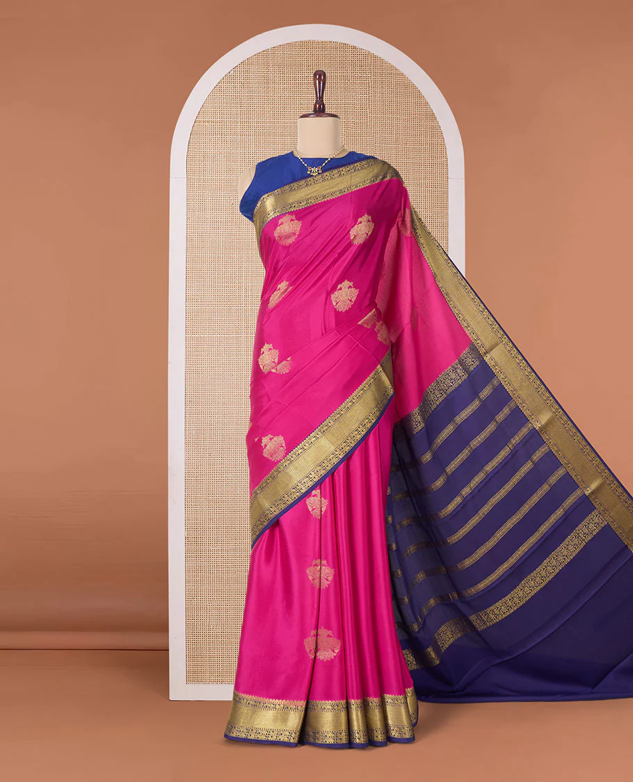 Pink two-headed eagle motifs zari woven Mysore silk saree, contrast traditional zari border, and pallu of thick zari designs - Image 2