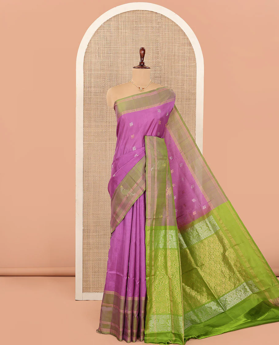 Pink Uppada Silk Saree Delicately Woven with Zari Buttas, Complemented by a Contrast Zari Border of Bird Designs, Contrast Pallu of Scallop Designs, and Paired with a Contrast Blouse