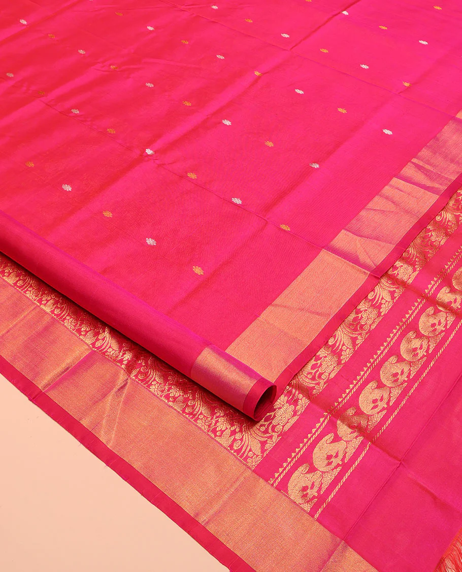Pink Uppada Silk Saree, Detailed with Zari Buttas All Over Its Body, Highlighted by a Zari Bavanji Border, Pallu Steeped with Peacock Designs, and Paired with a Matching Blouse - Image 2