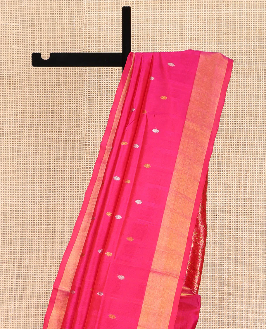 Pink Uppada Silk Saree, Detailed with Zari Buttas All Over Its Body, Highlighted by a Zari Bavanji Border, Pallu Steeped with Peacock Designs, and Paired with a Matching Blouse - Image 3