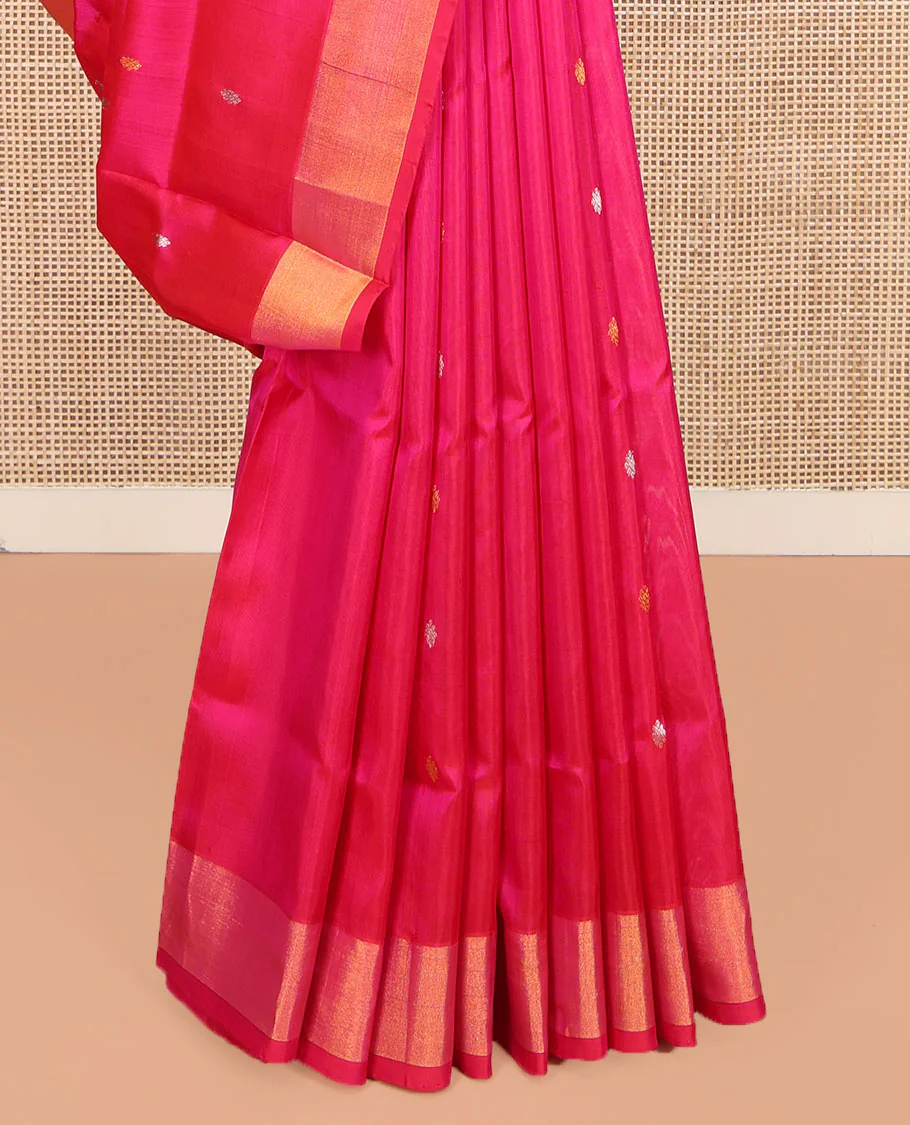 Pink Uppada Silk Saree, Detailed with Zari Buttas All Over Its Body, Highlighted by a Zari Bavanji Border, Pallu Steeped with Peacock Designs, and Paired with a Matching Blouse - Image 4