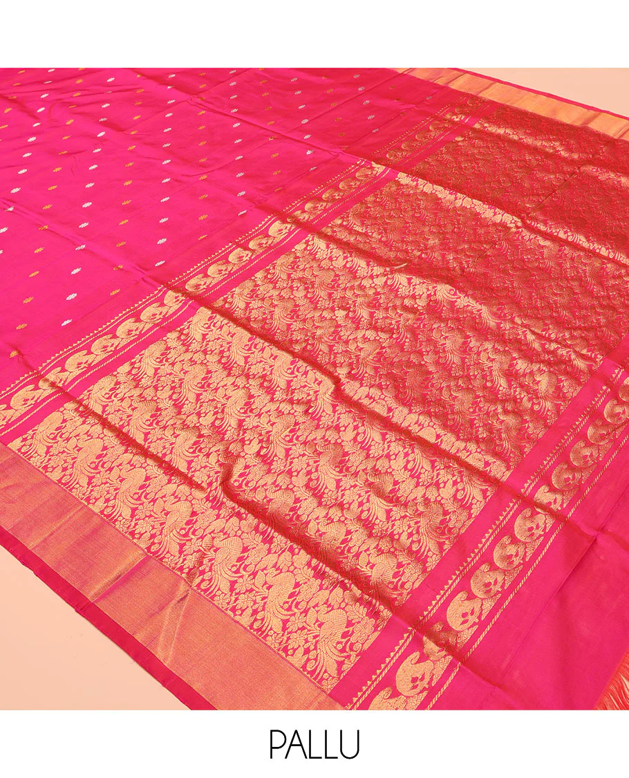 Pink Uppada Silk Saree, Detailed with Zari Buttas All Over Its Body, Highlighted by a Zari Bavanji Border, Pallu Steeped with Peacock Designs, and Paired with a Matching Blouse - Image 5