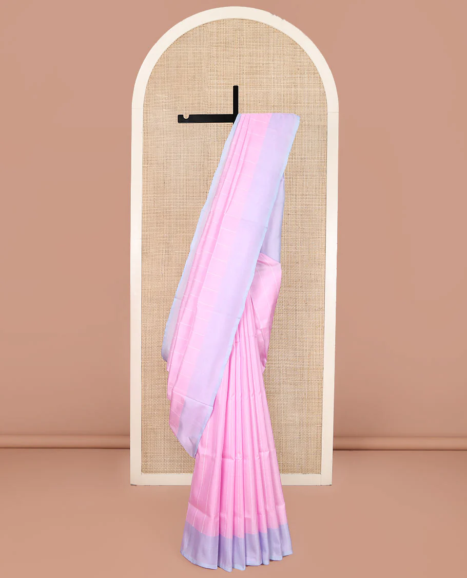 Pink Uppada Silk Saree, Subtly Made with Sparse Stripes All Over Its Body, Complemented by a Contrast Border, Plain Pallu, and Paired with a Contrast Blouse