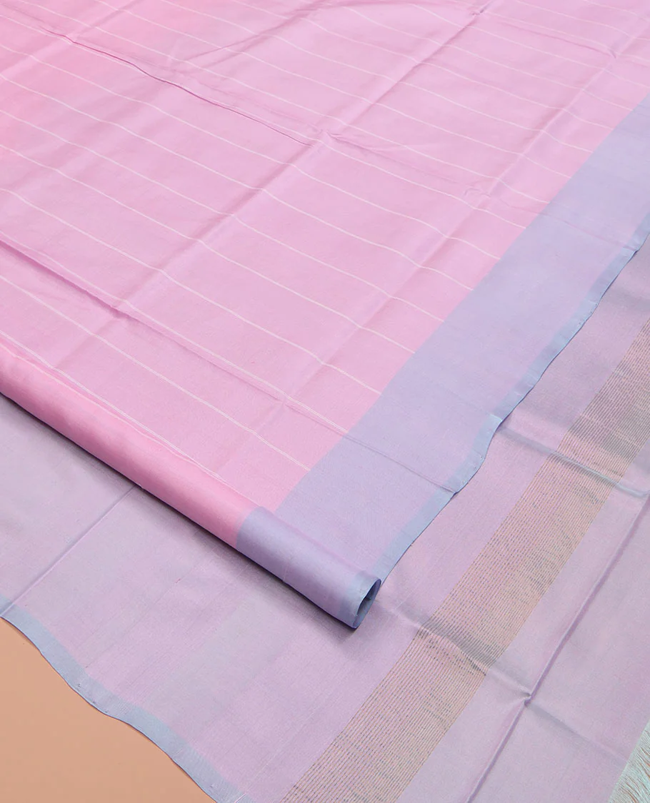 Pink Uppada Silk Saree, Subtly Made with Sparse Stripes All Over Its Body, Complemented by a Contrast Border, Plain Pallu, and Paired with a Contrast Blouse - Image 2