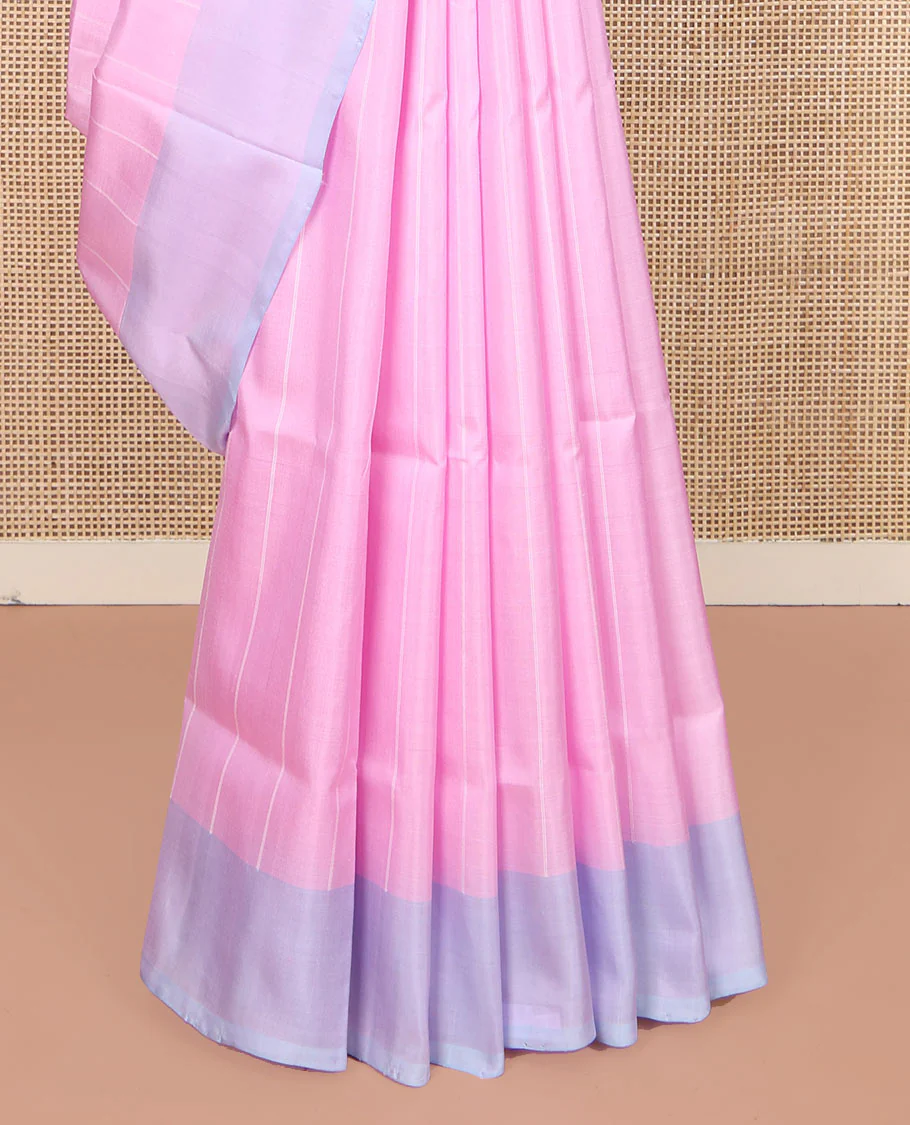 Pink Uppada Silk Saree, Subtly Made with Sparse Stripes All Over Its Body, Complemented by a Contrast Border, Plain Pallu, and Paired with a Contrast Blouse - Image 4