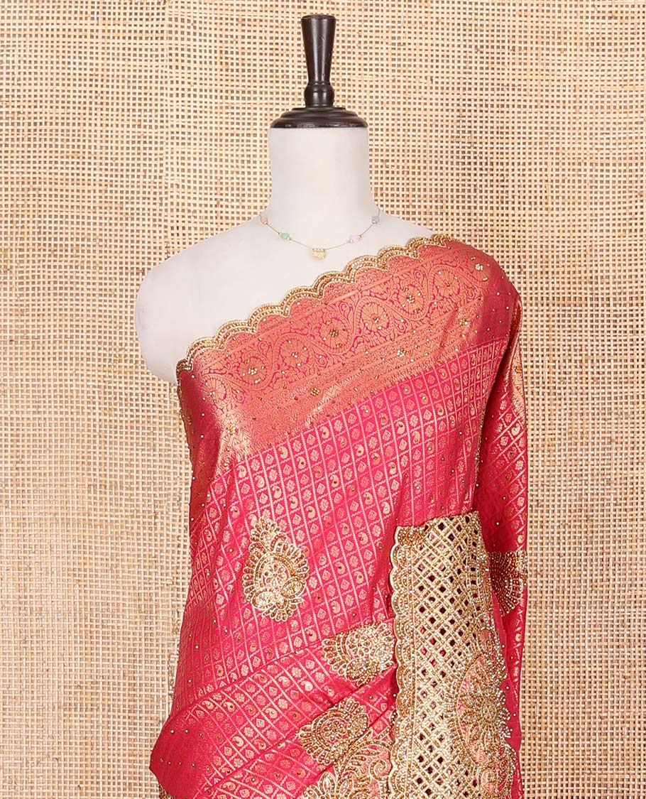 Pink Vastrakala Silk Saree Mesmerized with Jacquard Design and Patch Embroidery All Over Its Body, Highlighted by Traditional Zari Design and Cut Embroidered Scallop Border, Glittering Stone Work Pallu, and Paired with Embroidered Matching Blouse - Image 2