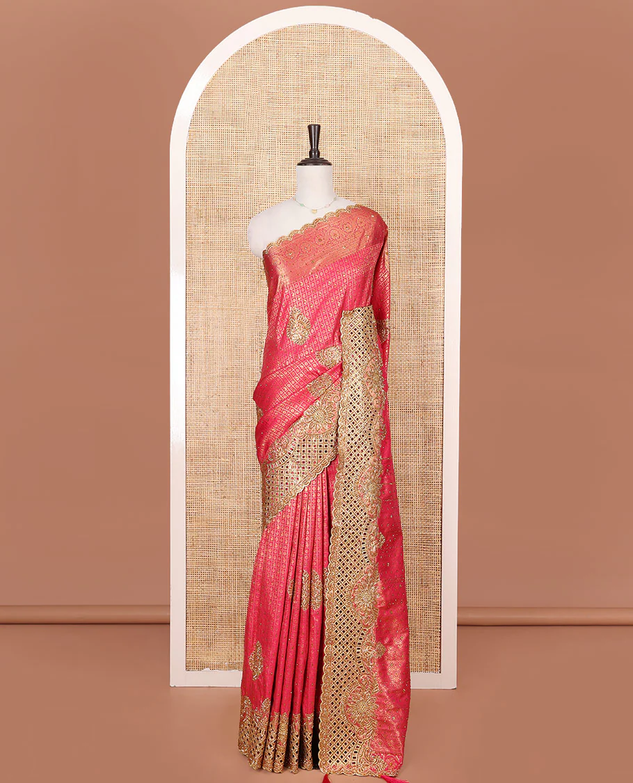 Pink Vastrakala Silk Saree Mesmerized with Jacquard Design and Patch Embroidery All Over Its Body, Highlighted by Traditional Zari Design and Cut Embroidered Scallop Border, Glittering Stone Work Pallu, and Paired with Embroidered Matching Blouse - Image 3