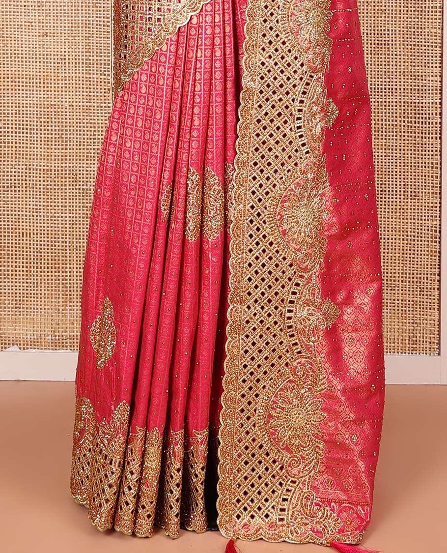 Pink Vastrakala Silk Saree Mesmerized with Jacquard Design and Patch Embroidery All Over Its Body, Highlighted by Traditional Zari Design and Cut Embroidered Scallop Border, Glittering Stone Work Pallu, and Paired with Embroidered Matching Blouse - Image 4
