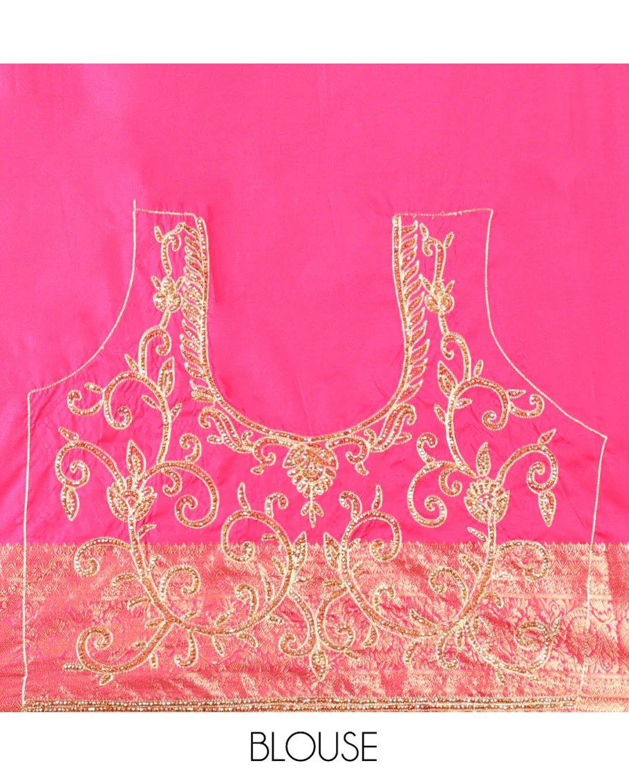 Pink Vastrakala Silk Saree Mesmerized with Jacquard Design and Patch Embroidery All Over Its Body, Highlighted by Traditional Zari Design and Cut Embroidered Scallop Border, Glittering Stone Work Pallu, and Paired with Embroidered Matching Blouse - Image 5