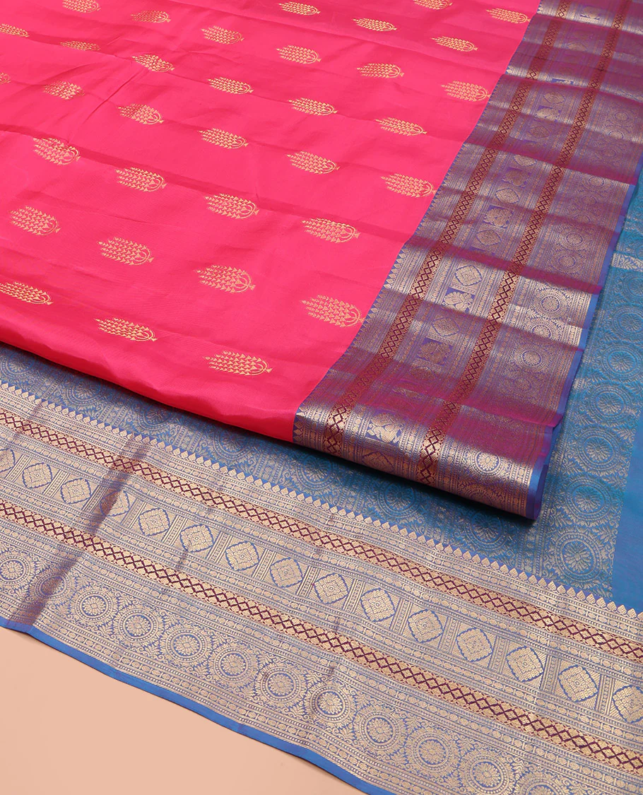 Pink Vasundhara Lite Silk Mix Saree, Beautified with Deepam Buttas, Complemented by a Contrast Border of Thilakam Mokku, Poun, Muthu, Diamond and Chakram Designs, Pallu Steeped with Chakram Designs, and Paired with a Contrast Blouse - Image 2