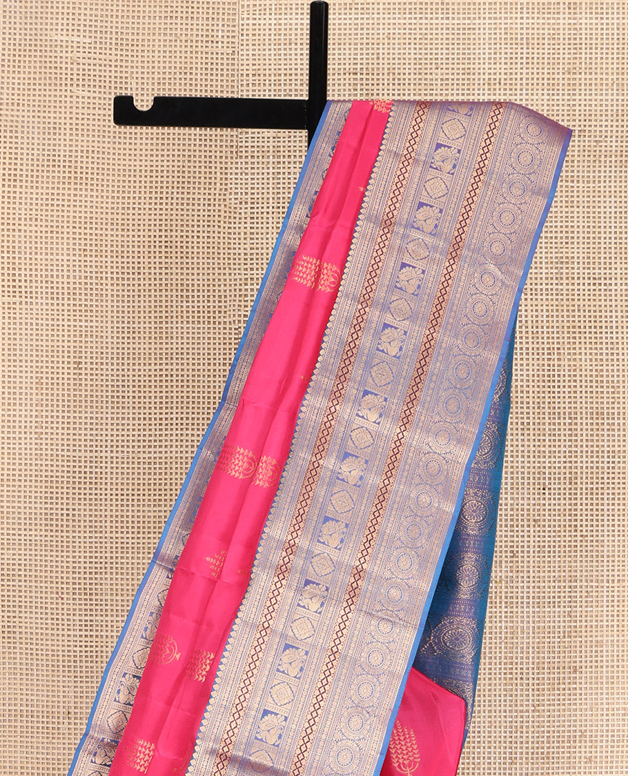 Pink Vasundhara Lite Silk Mix Saree, Beautified with Deepam Buttas, Complemented by a Contrast Border of Thilakam Mokku, Poun, Muthu, Diamond and Chakram Designs, Pallu Steeped with Chakram Designs, and Paired with a Contrast Blouse - Image 3