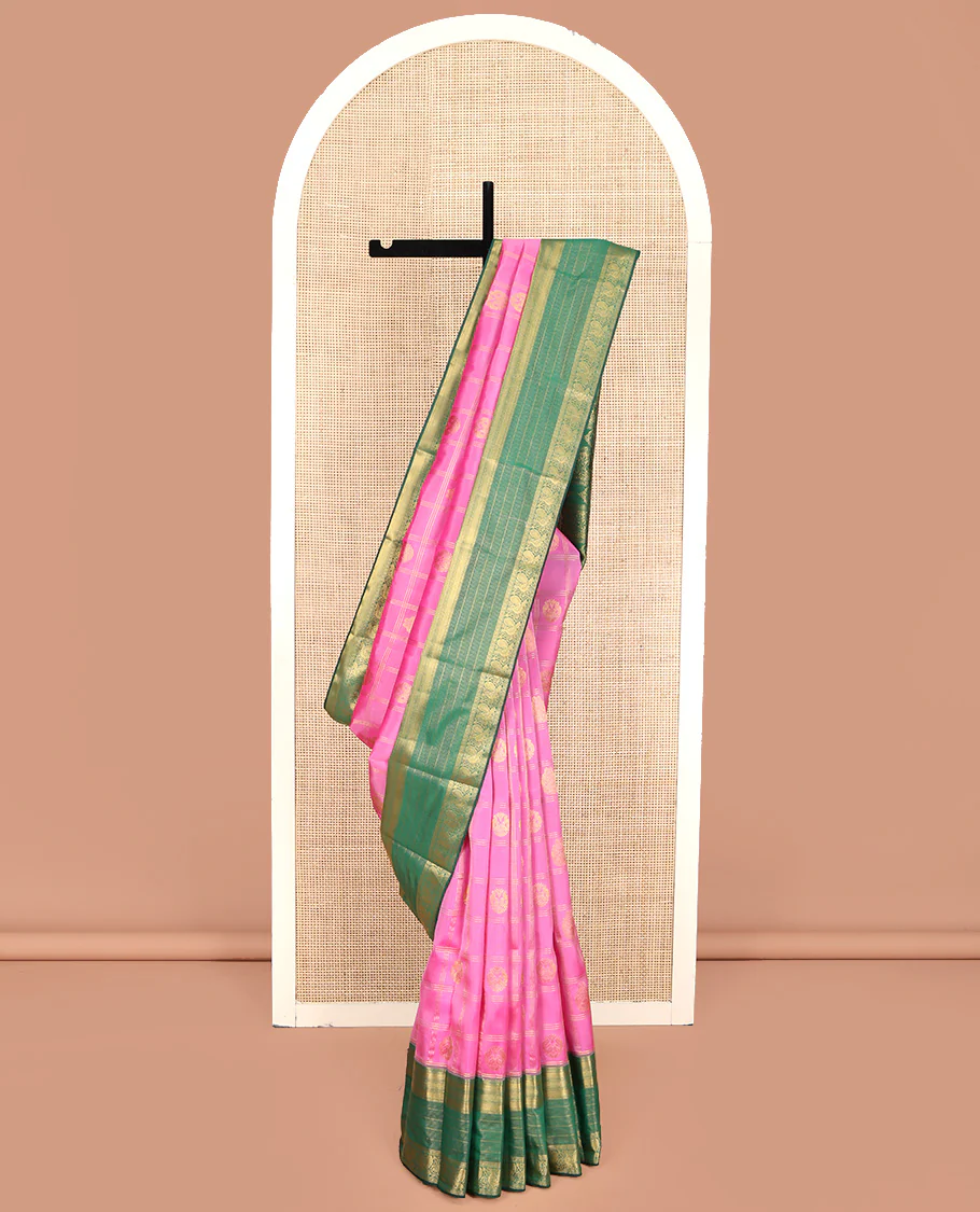 Pink Vasundhara Lite Silk Mix Saree, Bedecked with Zari Butta Enclosed Checks on Its Body, Complemented by a Contrast Border of Traditional Designs, a Grand Intricately Checked Pallu, and Paired with a Contrast Blouse