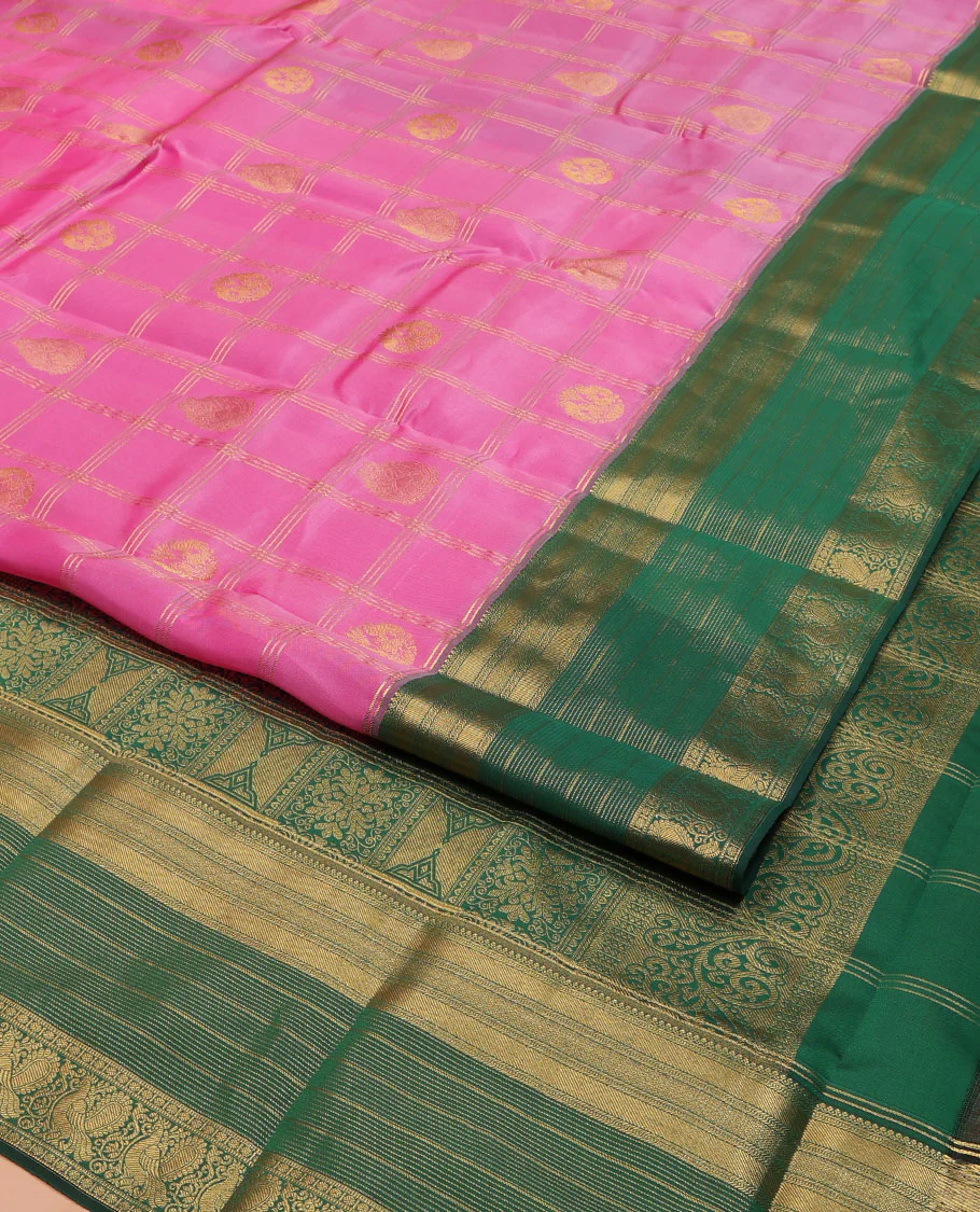 Pink Vasundhara Lite Silk Mix Saree, Bedecked with Zari Butta Enclosed Checks on Its Body, Complemented by a Contrast Border of Traditional Designs, a Grand Intricately Checked Pallu, and Paired with a Contrast Blouse - Image 2