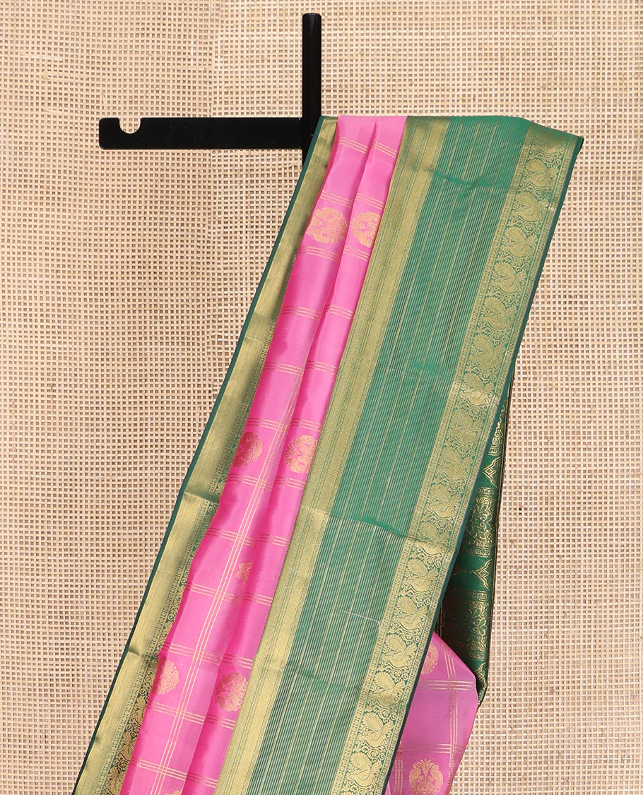 Pink Vasundhara Lite Silk Mix Saree, Bedecked with Zari Butta Enclosed Checks on Its Body, Complemented by a Contrast Border of Traditional Designs, a Grand Intricately Checked Pallu, and Paired with a Contrast Blouse - Image 3