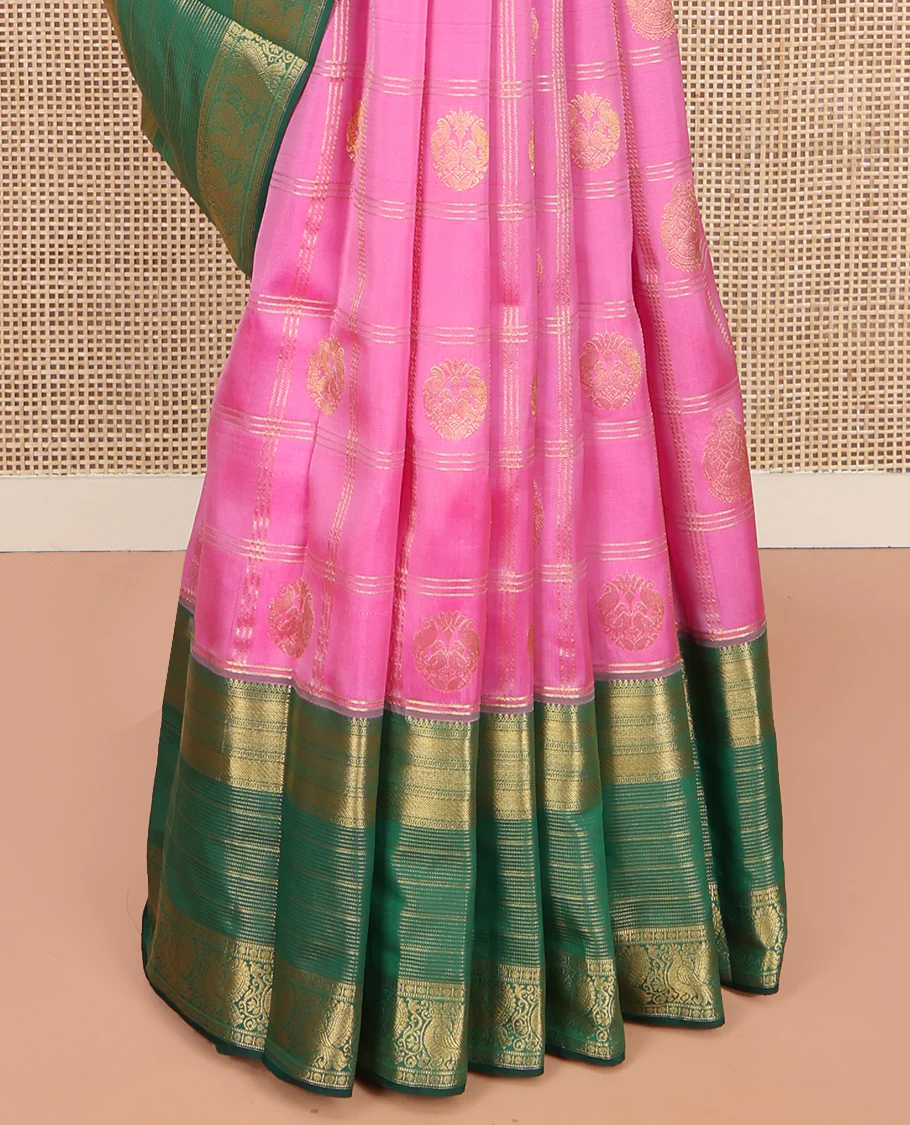 Pink Vasundhara Lite Silk Mix Saree, Bedecked with Zari Butta Enclosed Checks on Its Body, Complemented by a Contrast Border of Traditional Designs, a Grand Intricately Checked Pallu, and Paired with a Contrast Blouse - Image 4