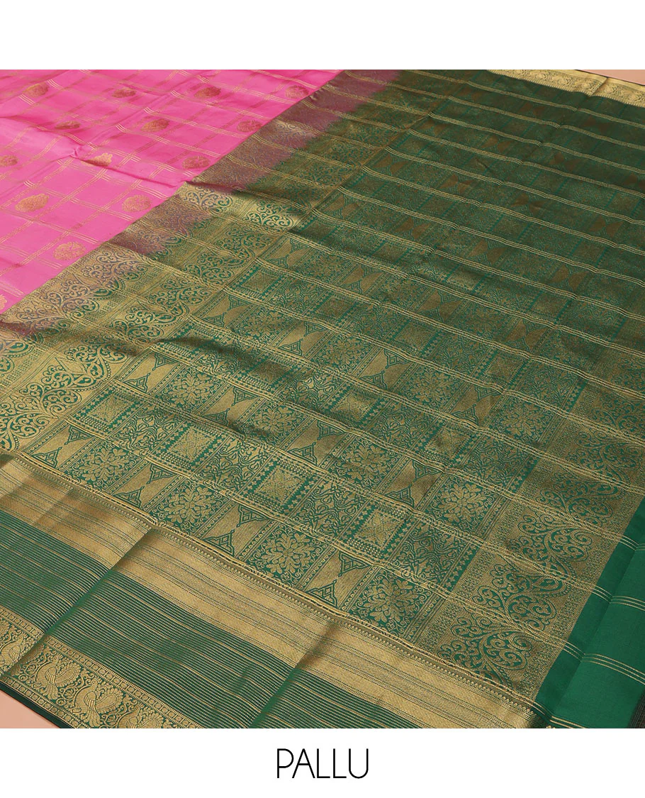 Pink Vasundhara Lite Silk Mix Saree, Bedecked with Zari Butta Enclosed Checks on Its Body, Complemented by a Contrast Border of Traditional Designs, a Grand Intricately Checked Pallu, and Paired with a Contrast Blouse - Image 5
