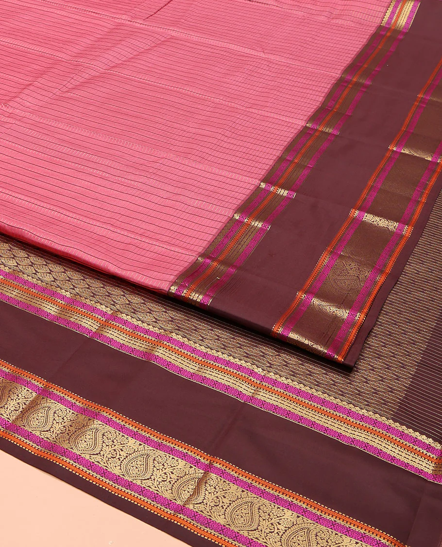 Pink Vasundhara Lite Silk Mix Saree, Decked Up with a Checked Design on Its Body, Complemented by a Contrast Rettai Pettu Border of Salngai, Poo Chakram, Muthu, Kathir, and Manga Designs, Pallu Steeped with Leaf Motifs, and Paired with a Contrast Blouse - Image 2