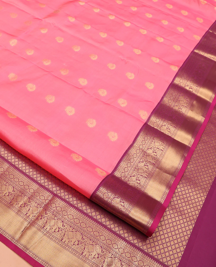 Pink Vasundhara Lite Silk Mix Saree, Mesmerized with Zari Buttas All Over Its Body, Complemented by Contrast Border of Rekku, Rudraksham, Laddu Kamalam, Yaanai, and Mayil Kann Designs, Grand Jaal Pallu and Paired with a Contrast Blouse - Image 2
