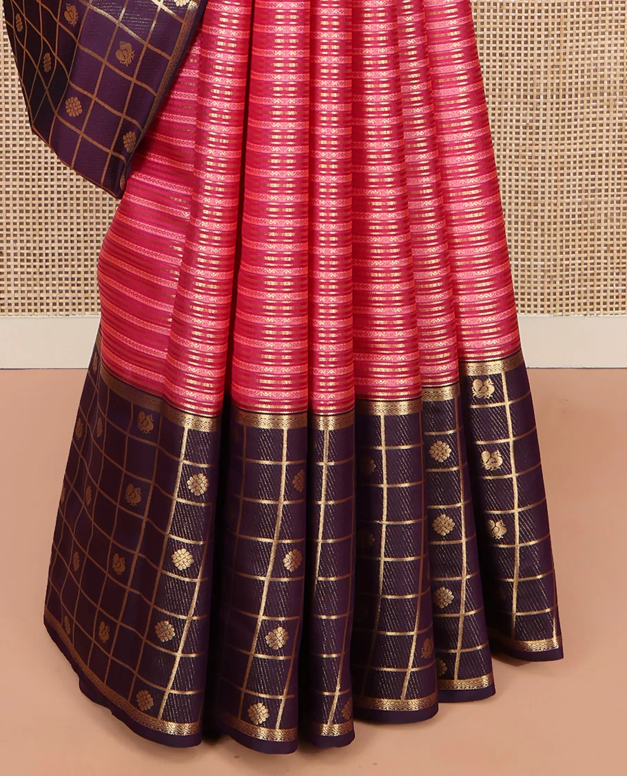Pink Vasundhara Lite Silk Mix Saree, Richly Detailed with Neli Stripes and Stripes on Its Body, Complemented by a Contrast Border of Annam-Chakram Butta Enclosed Checks Designs, Intricately Designed Pallu, and Paired with a Contrast Blouse - Image 4