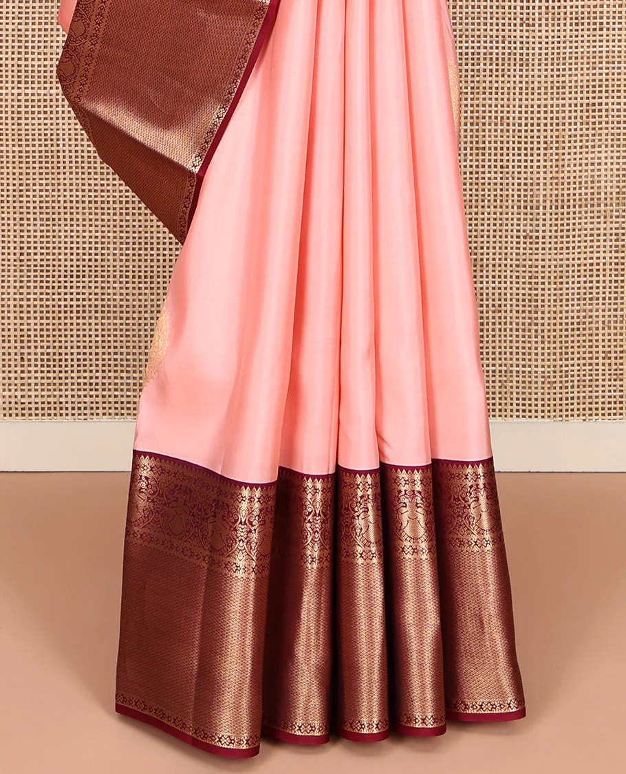 Pink Vasundhara Silk Saree, Adorned with Zari Buttas All Over Its Body, Complemented by a Contrast Border of Rekku, Iruthalai Pakshi, and Mayil Kann Designs, Grand Jaal-Patterned Pallu, and Paired with a Contrast Blouse - Image 4