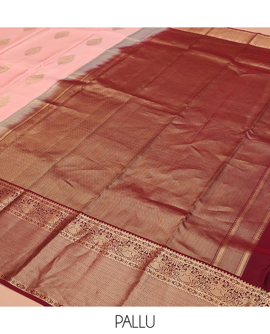Pink Vasundhara Silk Saree, Adorned with Zari Buttas All Over Its Body, Complemented by a Contrast Border of Rekku, Iruthalai Pakshi, and Mayil Kann Designs, Grand Jaal-Patterned Pallu, and Paired with a Contrast Blouse - Image 5
