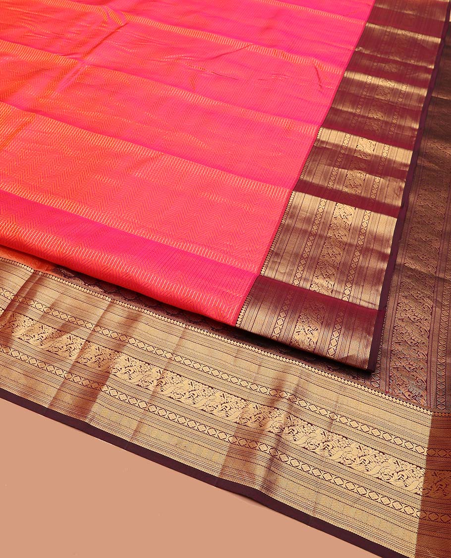 Pink Vasundhara Silk Saree, Beautifully Bedecked with Zari Stripes on Its Body, Complemented by a Contrast Border of Thilakam Mokku, Kathir, Vanki, Mayil, and Laddu Kamalam Designs, Majestically Detailed Jaal Pallu, and Paired with a Contrast Blouse - Image 2