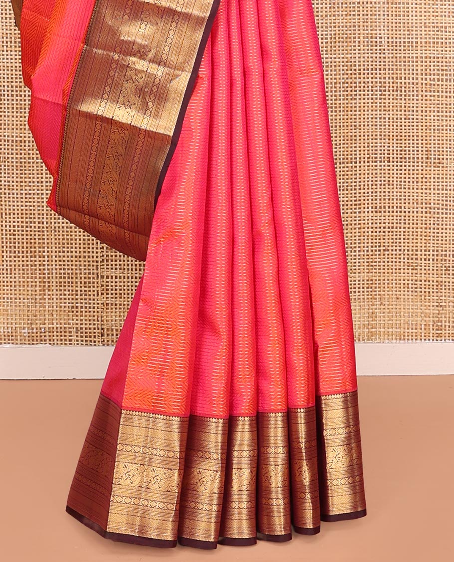 Pink Vasundhara Silk Saree, Beautifully Bedecked with Zari Stripes on Its Body, Complemented by a Contrast Border of Thilakam Mokku, Kathir, Vanki, Mayil, and Laddu Kamalam Designs, Majestically Detailed Jaal Pallu, and Paired with a Contrast Blouse - Image 4