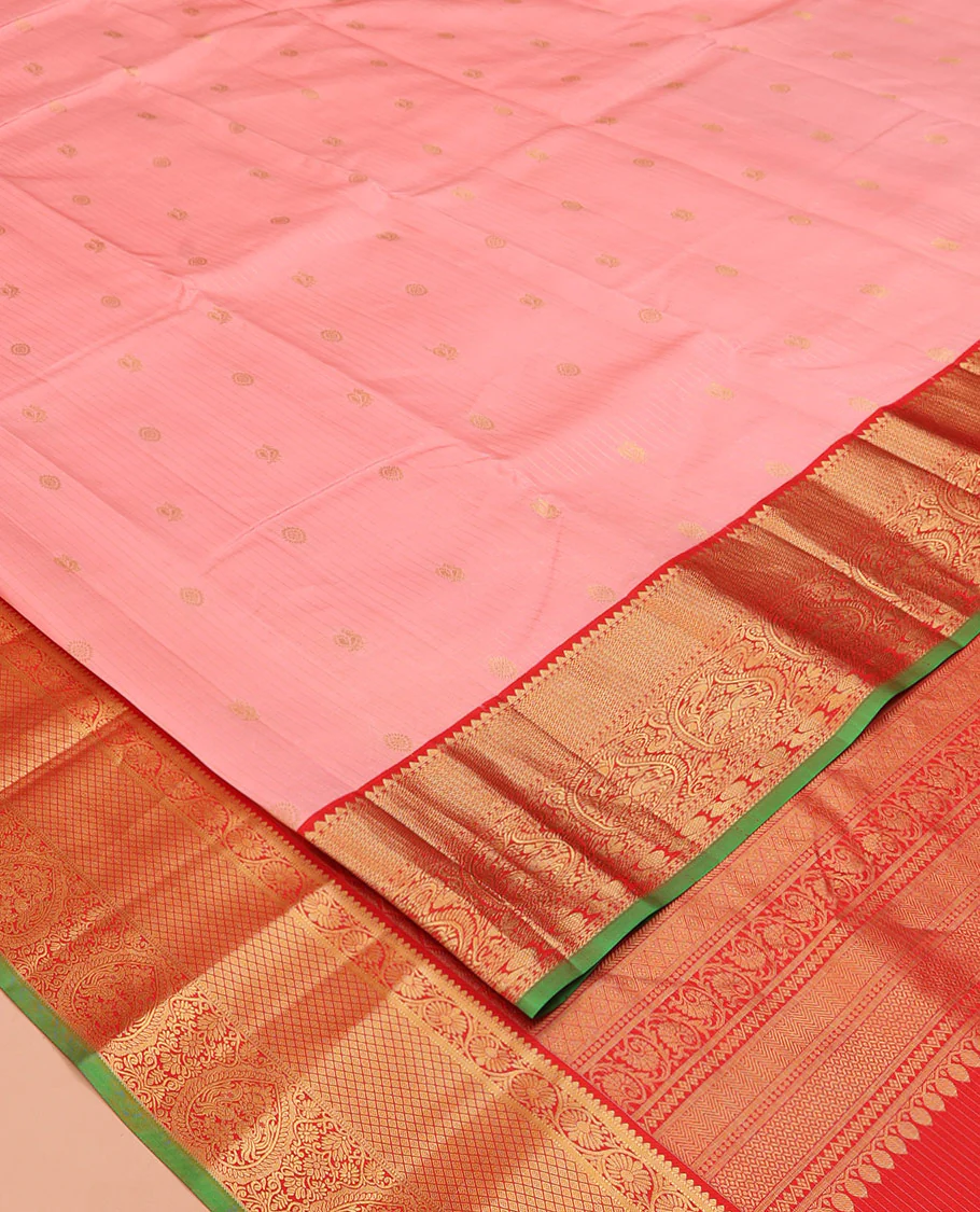 Pink Vasundhara Silk Saree, Decked Up with Zari Buttas and Stripes All Over Its Body, Complemented by a Contrast Border of Rekku, Kodi Visiry, Jaal, and Mayil Designs, Grand Jaal Pallu, and Paired with a Contrast Blouse - Image 2